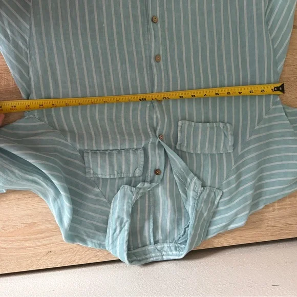 Meo Meli Light Blue Striped 100%  Linen Hi Low Button Down Dress OS - Picture 7 of 8